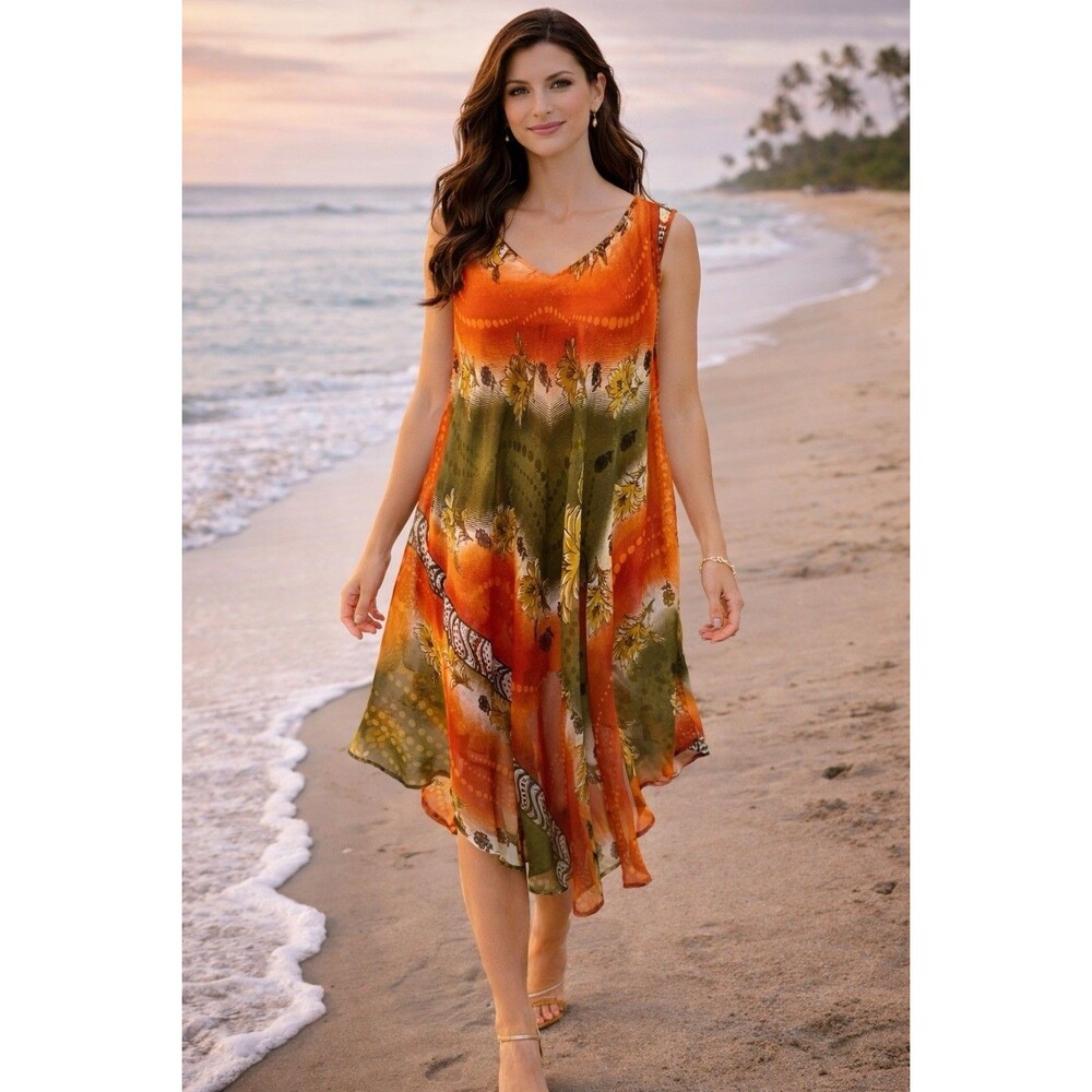 Bohemian Fairy Beach Maxi Dress Asymmetrical 2X Green Orange Tie Dye Free Flowy
